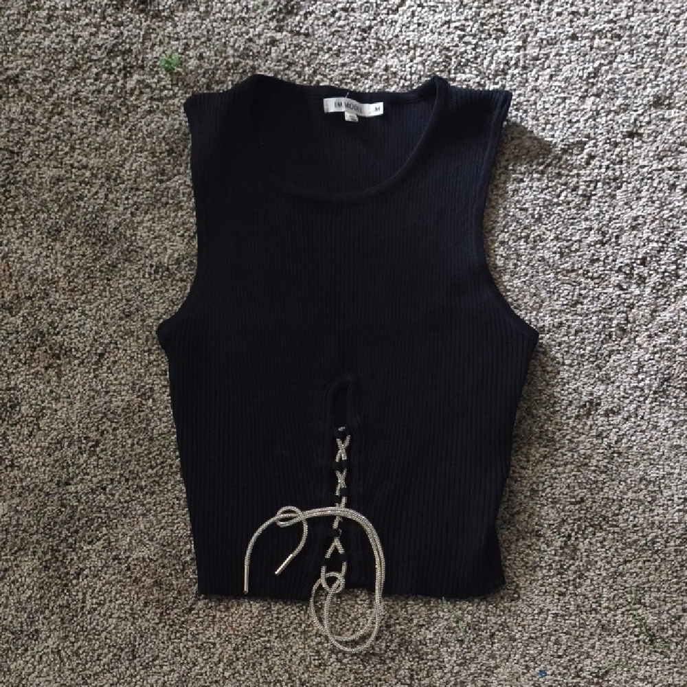 Black Sleeveless Crop Tank Top with Tie Front